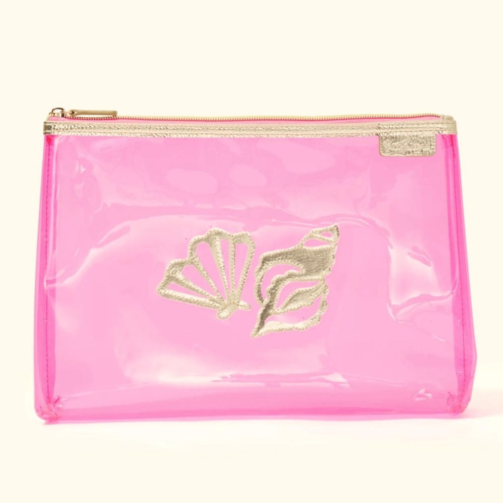 Lilly Pulitzer Pink Clear Pouch Sea Shells Coastal Havana Motif Makeup Case NWT